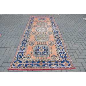 Grand tapis turc vintage 4,7x11,3 pieds, tapis persan bleu orange - Product Image 1