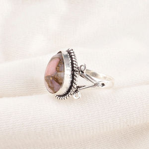 Belle bague en opale rose et cuivre, argent sterling 925, pierre précieuse de forme poire de 10x14 mm, bijoux faits à la main, pour femme, anniversaire - Product Image 4