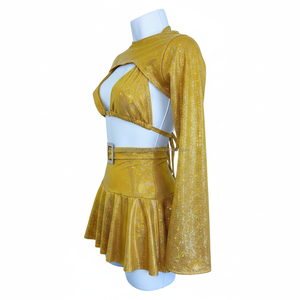 Ensemble de vêtements de festival dorés métalliques brillants, tenue de rave sexy 3 pièces, haut de bikini scintillant pour femme, boléro et mini-jupe, costume de danse - Product Image 5
