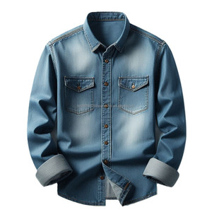 เสื้อยีนส์สีครามผ้าฝ้าย100% สำหรับผู้ชายผ้าทอลายทแยงสีฟ้าอ่อนมีสไตล์ลำลองแบบสมาร์ทมีกระดุมกระเป๋าระบายอากาศ - Product Image 2