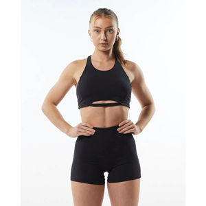 78% Nylon 22% Elastane High Neck Racer Back Yoga Front Logo Bindingless Hem Womens Medium-Support One Piece Blackout <b>Sports</b> <b>Bra</b> - Product Image 1