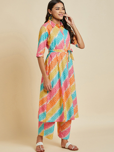 Vêtements ethniques indiens de qualité supérieure pour l'exportation, ensemble kurta et pantalon palazzo en coton imprimé Bandhani multicolores, prêt-à-porter pour femmes - Product Image 4