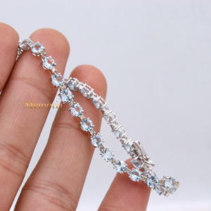 Handmade Women's Tennis <b>Bracelet</b> Natural round <b>Aquamarine</b> Gemstone Diamond 14k Solid White Gold for Weddings Wholesale Jewelry - Product Image 3
