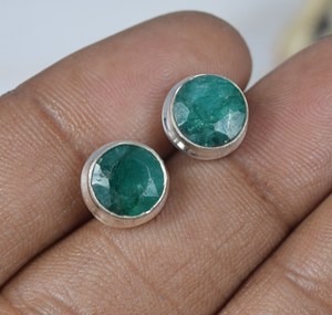 Natural Green <b>Emerald</b> Untreated Round Faceted Cut Gemstone Bezel Setting 925 Sterling Silver Women's Classic Fine <b>Stud</b> Earrings - Product Image 4