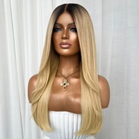 Perruque Lace Frontal 13x4HD en Cheveux Humains, Lisse Baguette, Blond Cendré Ombré avec Racines Effet Ombre, Pré-épilée, Cheveux Vierges Bruts Vietnamiens