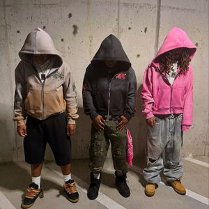 Streetwear 500 GSM logotipo personalizado impreso recortado desgastado Sun Faded gráfico de gran tamaño Zip up Hoodie para hombres - Product Image 1