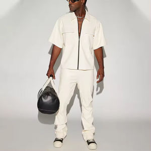 2024 primavera británico Slim Casual PU cuero hombres camisas de manga corta tejido bordado Patchwork Stand Collar transpirable - Product Image 2