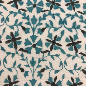 ผ้าฝ้ายพิมพ์ลายด้วยมือ ลายดอกไม้เรขาคณิต |   ผ้าทอสีเขียวอมฟ้าและสีดำแบบอินเดีย - Product Image 1