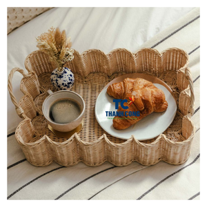 ถาดหวายหรูหราถาดทรงกลมงานแฮนด์เมดสไตล์เวียดนามพร้อมการทอที่แข็งแรงสำหรับการเสิร์ฟบนโต๊ะหรือการตกแต่งบ้านที่หรูหรา - Product Image 1