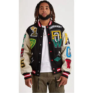 Veste universitaire en laine surdimensionnée pour homme, personnalisée, coupe ample, broderie en chenille, patchwork, logo sur le devant, style hip-hop, streetwear - Product Image 1