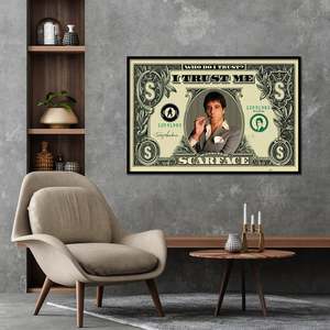 Arte de pared moderno en lienzo de Scarface Dollarschein para la frase 'Who Do I Trust?' Diseño con Marco Negro - Product Image 1