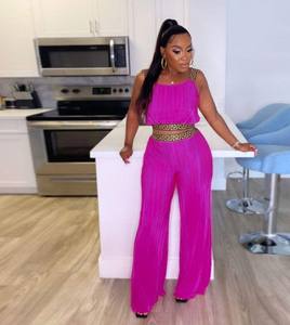 Hauts courts plissés de couleur unie et ensemble de pantalons à jambes larges taille haute été casual femmes ensemble deux pièces - Product Image 3