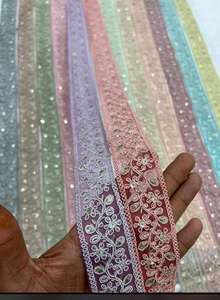 Custom Made Floral Embroidered Thread Work Laces with Multi Coloured Options in Sequins Embroidery in 1.5 Inch Width - Product Image 2