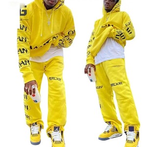 Chándales con estampado de soplo de algodón OEM para hombre, joggers apilados de invierno 2024 con Sudadera con capucha y pantalón de retazos, conjuntos de Jogger de dos piezas - Product Image 5