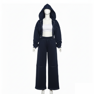 Dernier design, survêtement décontracté pour femme avec logo personnalisé, qualité supérieure, 100% coton, coupe ample, hauts à fermeture éclair, ensemble assorti uni - Product Image 5