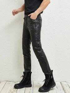 Moto Biker Style Hombres Otoño Slim Fit Piel de oveja Pantalones pitillo de cuero genuino Cintura media Moda Punk Stage Show Pantalones ajustados - Product Image 3