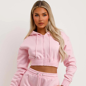 Conjunto de pantalones cortos y Sudadera con capucha recortada informal para mujer 100% algodón patrón sólido logotipo personalizado conjuntos más vendidos - Product Image 2