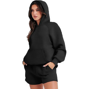 เสื้อสเวตเตอร์สำหรับผู้หญิงเสื้อไม่มีซิปล้างแบบกรดชุดวอร์มสำหรับใส่วิ่งชุดวอร์มเสื้อครอปมีฮู้ดและชุดสั้นสำหรับผู้หญิง - Product Image 2