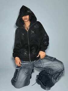 <b>Black</b> Oversized Rhinestone <b>Hoodie</b> <b>Women</b> <b>Zip</b> Up Streetwear Jacket Crystal Line Art Full Face <b>Zip</b> up Gothic Y2K Fashion Sweatshirt - Product Image 5