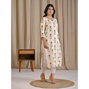 Kurti Recto de Algodón y Yute con Estampado de Bloques Color Mostaza Blanca, Estilo Casual con Cintura Natural y Característica Transpirable - Product Image 6