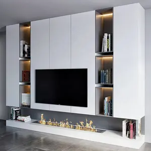 Pa mobiliário, sala de estar, design branco brilhante, piso montado, moderno, lareira, tv, suporte, conjunto