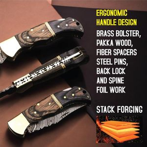 Navaja de Bolsillo Damasco Personalizada al por Mayor con Funda de Cuero para Campismo y Senderismo al Aire Libre, Supervivencia, Alta Durabilidad 58HRC - Product Image 3