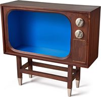 Meuble à liqueur TV vintage Vitrine Bar à vin des années 70 Rangement Porte-lunettes bleu et en bois Table de bar à café en bois de ferme