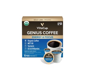 VitaCup Organic Genius Keto Coffee Pods Dark Roast, Bold, Smooth, Single Serve Pod Compatible w/Keurig K-Cup Brewers, 16 Ct - Product Image 1