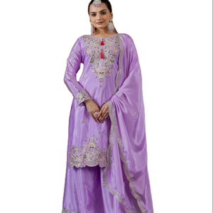 Ensemble Dupatta assorti Salwar & Plazzo à col rond en soie douce de style culturel indien de haute qualité - Product Image 1