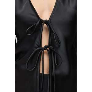 Blusa Casual de Satén para Mujer, con Detalle de Encaje en la Parte Delantera, Cuello Redondo, Manga Corta, 100% Poliéster, Tejido Transpirable de Punto, para Verano - Product Image 4