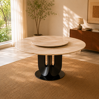 Table à manger ronde moderne et écologique en marbre avec plateau tournant, base en bois noir, capacité 10 personnes
