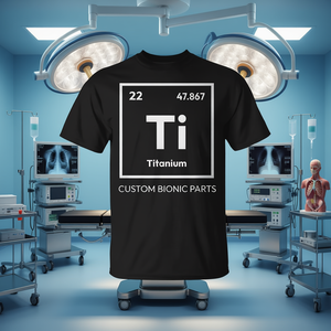 T-shirt personnalisé en titane (Ti) pour chirurgie de remplacement de la hanche et du genou, avec motif de la table périodique et de composants bioniques - Product Image 3
