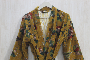 Bata Kimono Corta de Terciopelo de Algodón para Mujer, Estampado de Jungla Amarillo, Transpirable, con Flores, para el Té Matutino, Bata de Dama de Honor, Invierno - Product Image 5