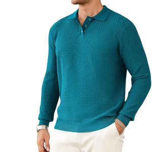 Polo de Manga Larga de Punto Texturizado Azul Verde Azulado para Hombre, Logotipo Personalizado de Alta Calidad, Transpirable, Informal, de Moda, para Negocios - Product Image 3