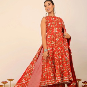Ensemble de costume Anarkali à fleurs multicolores orange jumelé avec un pantalon et une tenue traditionnelle indienne Dupatta robe de mariée ethnique en coton - Product Image 4