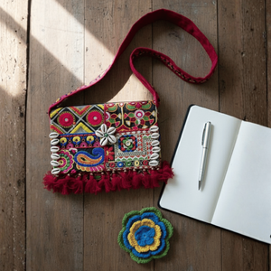 Riwaayat Kambhari Art Embroidered Sling Bag Geometric Vintage Bohemian Style <b>Single</b> Handle Chains <b>Flower</b> for Summer Winter Use - Product Image 6