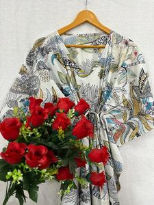 Hermoso vestido de caftán de algodón hecho a mano hasta el suelo Maxi Kimono Robe Short Monkey Block Print Natural Beach Vestidos Casuales - Product Image 2