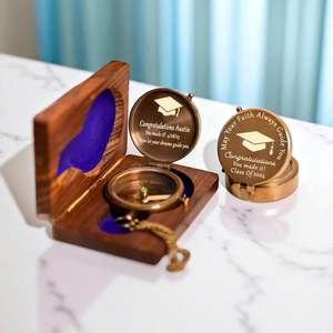 Personalized Brass Antique Pocket Compass Chain Personalized Wood Box Brass Nautical Birthday <b>Gift</b> OEMODM Custom Supply - Product Image 2