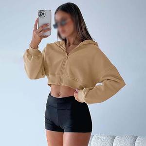 Sudaderas con capucha recortadas para mujer con logotipo personalizado Ropa de mujer Sudadera con capucha de algodón Top corto Más vendidos Tallas grandes Diseño OEM Transpirable Zip Up - Product Image 5