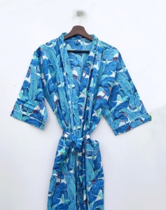 Batas de Kimono de algodón con hojas de plátano azul para mujer, hermosa bata de noche, vestido envolvente de algodón, bata de baño suave y cómoda - Product Image 1