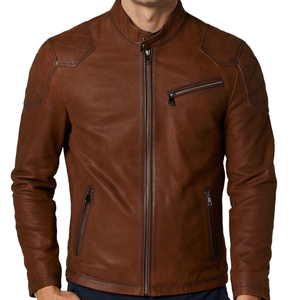 Veste en cuir marron élégante pour homme, style motard, col chemise et poignets style chemise, ourlet ouvert, entièrement personnalisable en cuir - Product Image 6