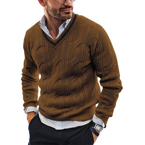 Pull en tricot personnalisé col en V coupe ajustée 100% coton pour hommes pull en tricot doux de couleur unie nouveau 2025 automne hiver mode décontractée - Product Image 4