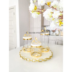 ถังแก้วใสพร้อมฝาปิดด้านบนลายหินอ่อนสีขาวเคลือบทอง - Product Image 1