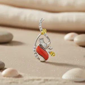 Colgante Moderno Hecho a Mano de Plata con Coral y Piedras Preciosas con Baño de Rodio con Amatista y Amuleto Religioso para Mujer - Product Image 2