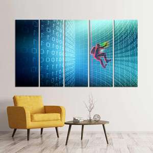 ภาพพิมพ์บนผ้าใบลายเมทริกซ์โค้ด: ศิลปะตกแต่งผนังสไตล์ไซเบอร์พังก์สำหรับพื้นที่สมัยใหม่ ชุดผ้าใบ 5 ชิ้น - Product Image 1