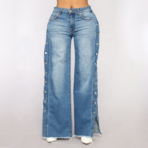 Jeans de Mezclilla de Cintura Alta y Pierna Ancha para Mujer, con Abertura Lateral y Detalle de Botones, Acabado Desgastado, Estilo Casual, Pantalones Largos - Product Image 5