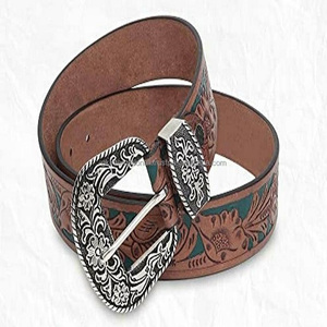 Cinturón de herramientas de cuero occidental con diseño floral tallado a mano de cuero de grano de súper lujo para hombres con hebilla de metal elegante y guardián - Product Image 6