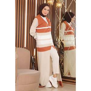 Vestido Casual Largo de Punto, 100% Poliéster, Cuello Redondo, Manga Casquillo, Diseño a Rayas - Product Image 3