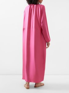 Pink Satin Floor-Length <b>Dress</b> O-Neck Full Sleeves Loose Fit Modest Casual Vintage Style Adult Women's Solid Color Breathable - Product Image 2