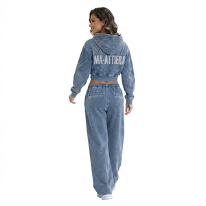 Women <b>Cropped</b> <b>Zip</b> <b>Up</b> <b>Hoodie</b> and Wide Leg Sweatpants Two Piece Acid Wash Rhinestone Tracksuit Set - Product Image 2